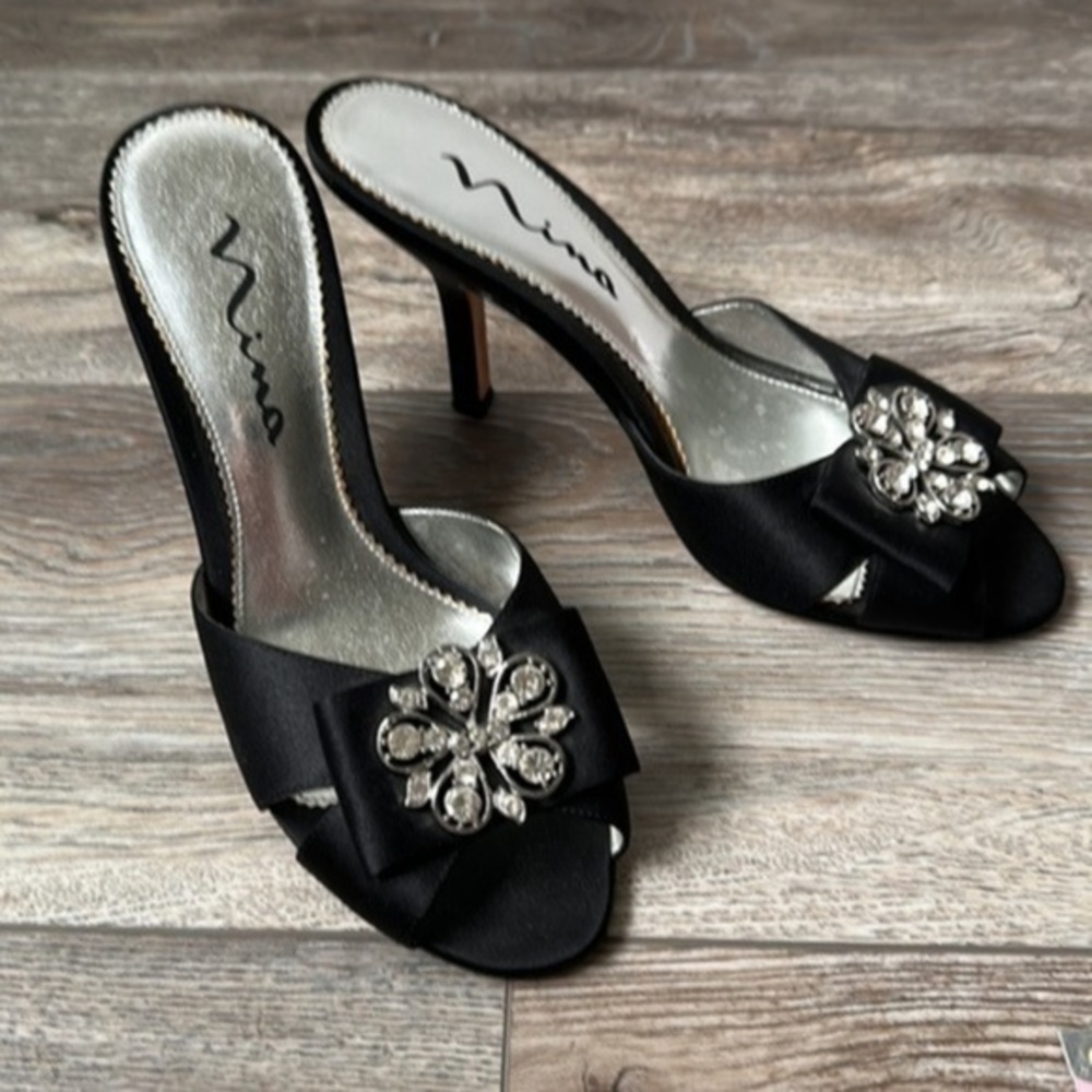 Nina heels dress black jeweled size 7.5 formal toeless strapless